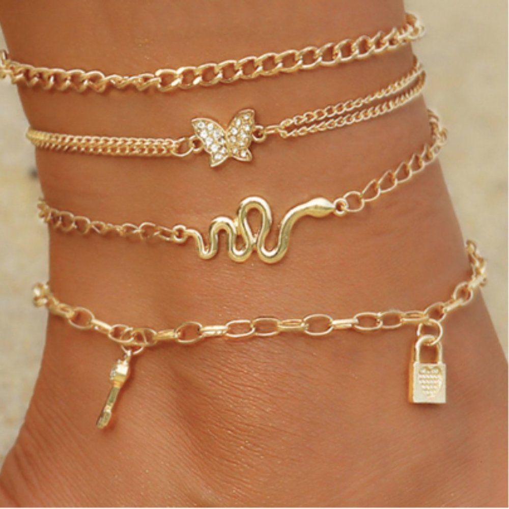 🍏50% OFF/3+...4-piece Link Chain Anklet Set (Gold tone)